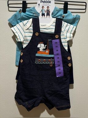 NWT Pekkle 4 Piece Bundle Set - Overalls Shorts, Shorts & 2 Shirts - Boy’s 3 Mo